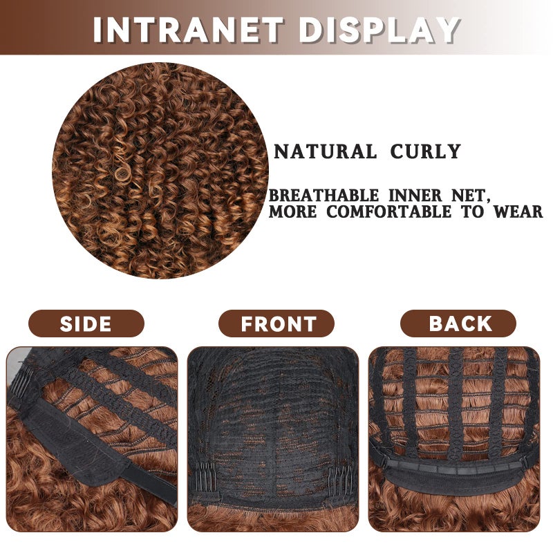 Xinran Brown Curly Afro Wig for Black Women,Short Kinky Curly Wig with Bangs,Synthetic Afro Full Hair Wig 14inch(Light Brown) - Image 5
